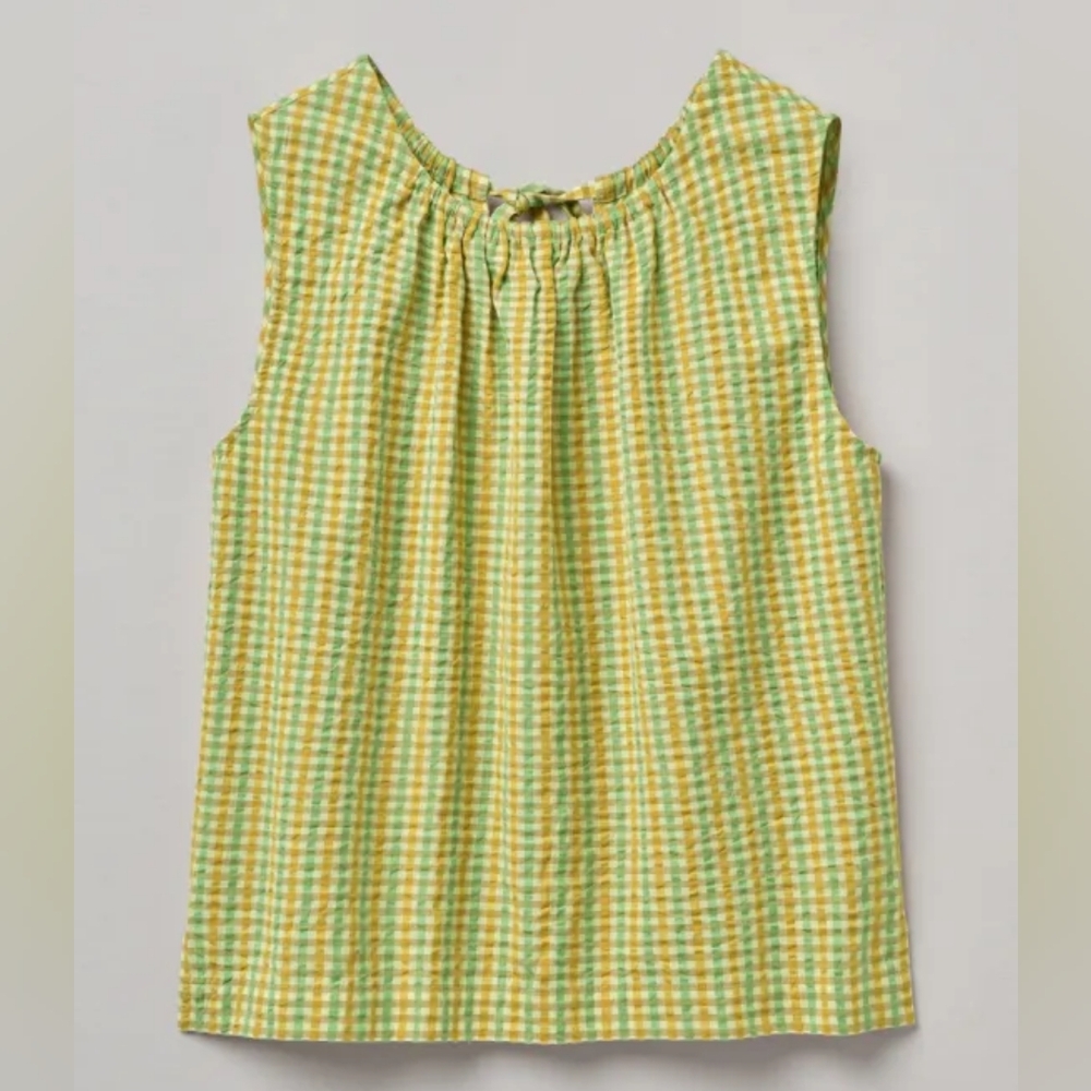 TOAST Gingham Seersucker Cotton Top Sea Green & Taupe S